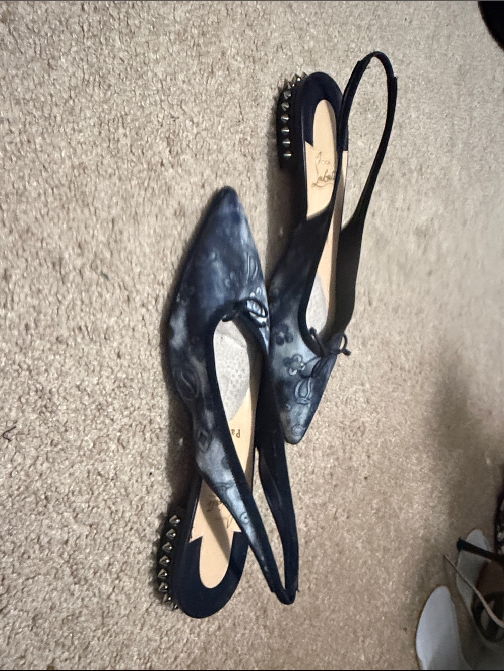 Christian Louboutin Black Embossed Pointed Slingback Flats